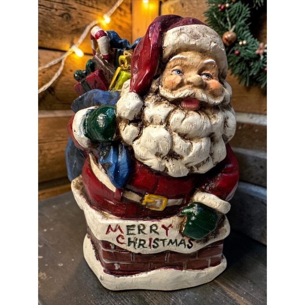 Vintage Santa Claus Ornament Red Resin Chimney Blue Toy Sack Figurine Christmas